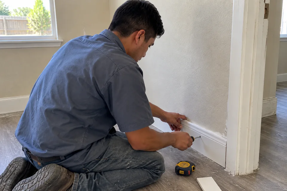 Worker fitting a replacement baseboard section in a rental room