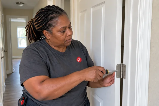 Worker adjusting an interior door hinge in a rental hallway