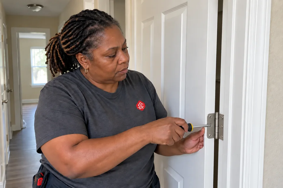 Worker adjusting an interior door hinge in a rental hallway
