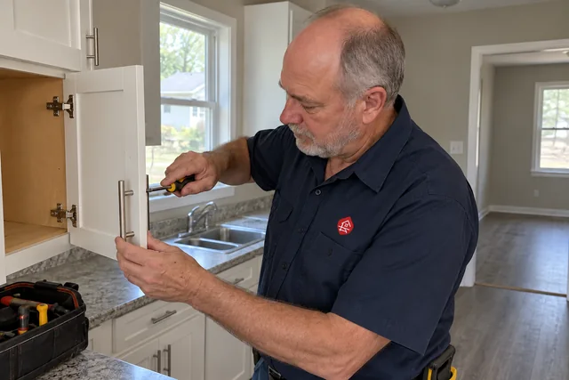 Worker fitting cabinet hardware in an empty rental kitchen