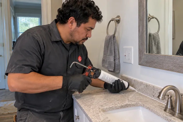 Worker caulking the joint along a bathroom vanity backsplash