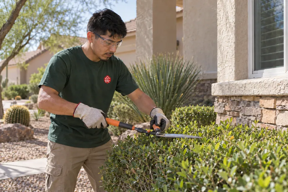 Worker trimming low shrubs with manual hedge shears beside a house