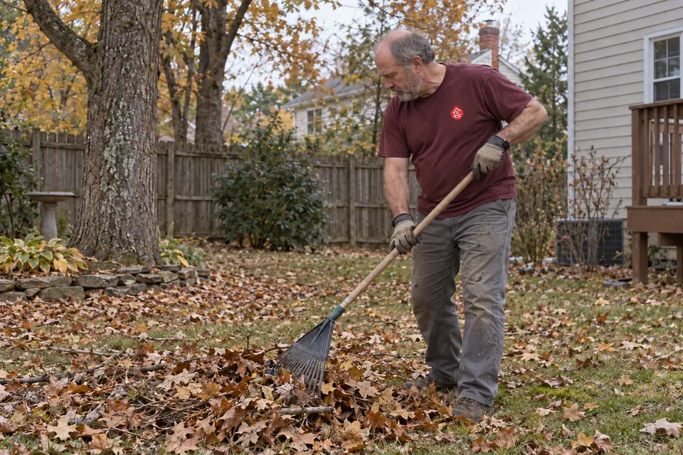 Worker raking fallen leaves and small branches in a residential yard