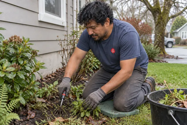 Worker hand-weeding a planting bed beside a residential foundation