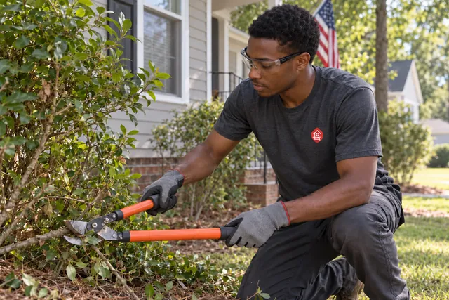 Worker pruning a low shrub branch with manual loppers