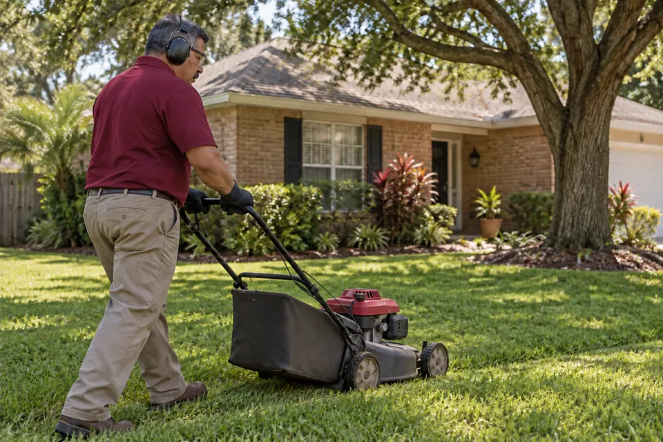 Maintenance worker mowing the front lawn of a residential property