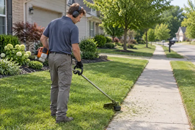 Worker trimming grass along a concrete residential sidewalk