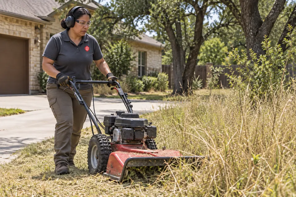 Worker clearing tall grass beside a driveway with a wheeled brush mower