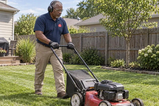 Worker mowing the grass in a small fenced residential backyard