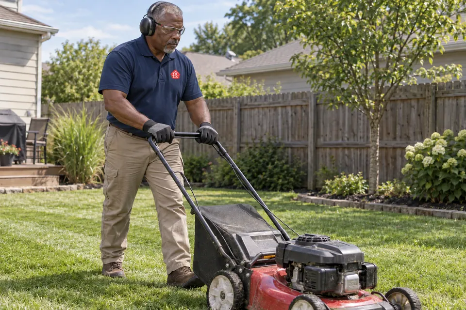 Worker mowing the grass in a small fenced residential backyard