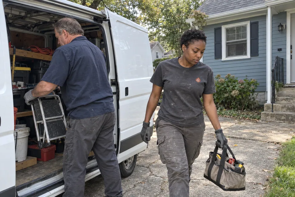 Maintenance workers preparing tools beside a work vehicle at a residential property