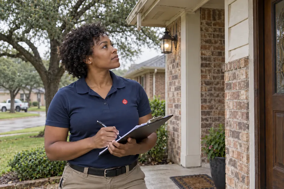 Field inspector reviewing the porch and entry of a brick house with a clipboard