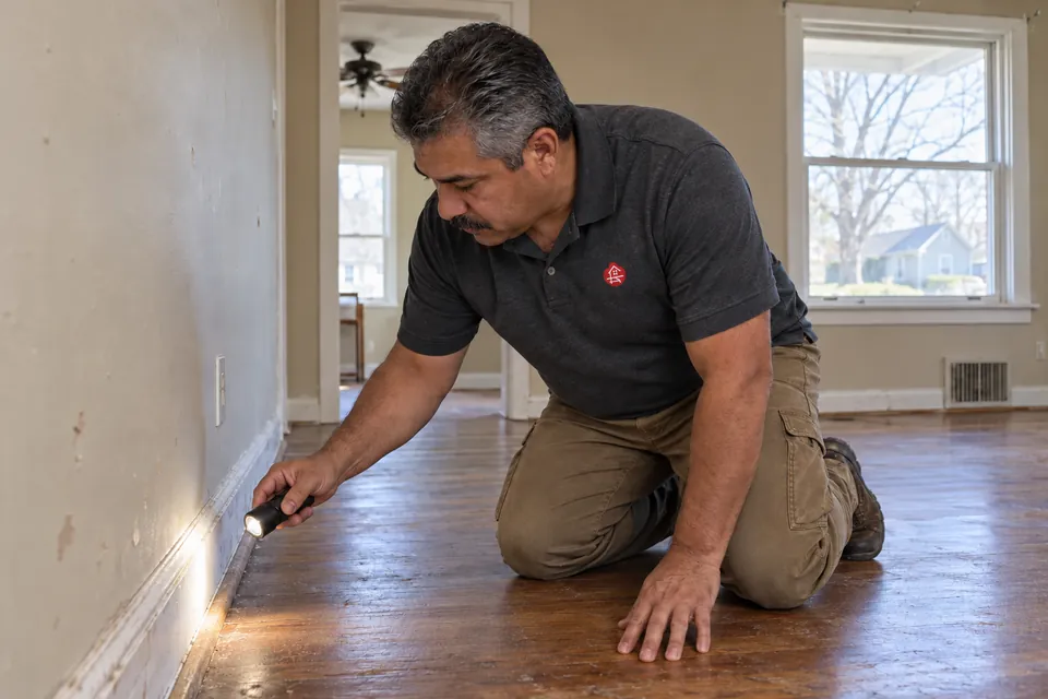 Worker checking a rental room baseboard and floor with a flashlight
