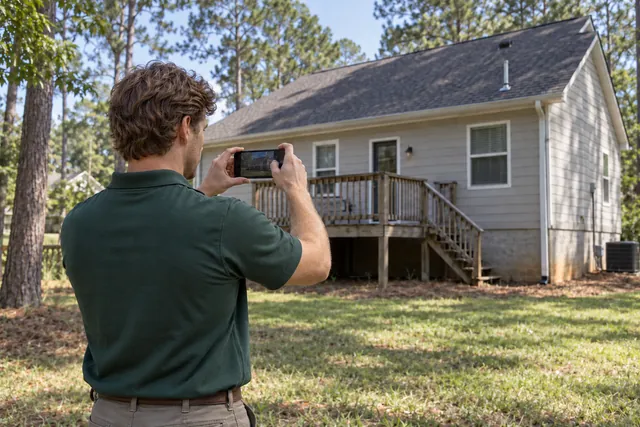 Field worker photographing the rear exterior of a residential property