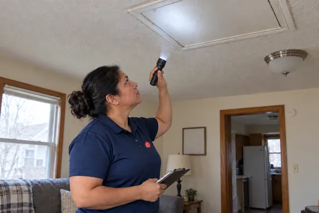 Inspector reviewing a ceiling and closed attic hatch with a flashlight