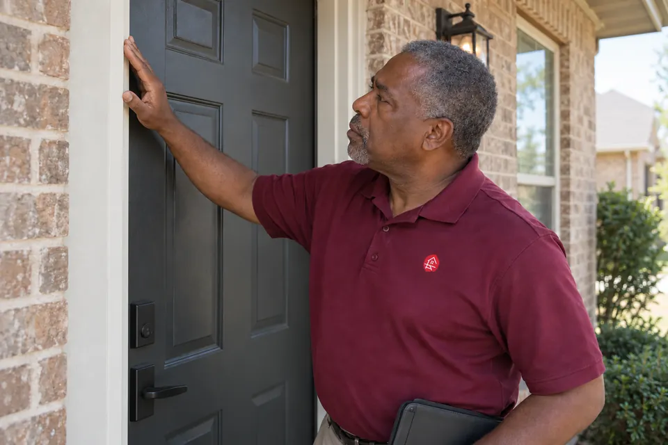 Worker visually checking entry-door alignment and finished hardware at a brick home