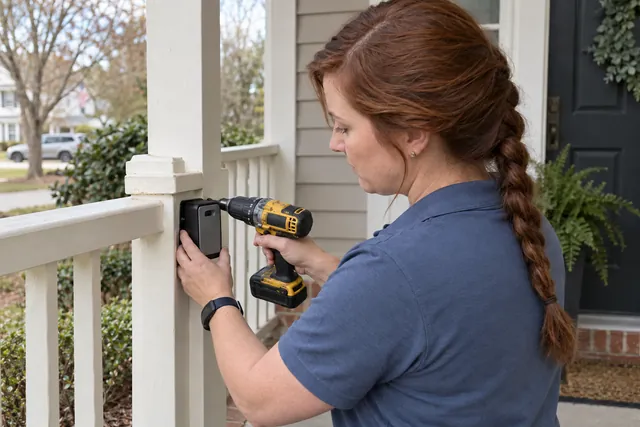 Worker fitting a mechanical lockbox to a residential porch railing