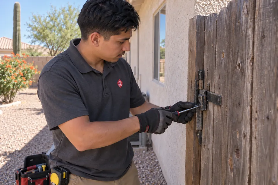 Maintenance worker checking the latch on a wooden side-yard gate