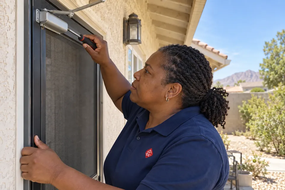 Worker adjusting a residential screen-door closer with a screwdriver