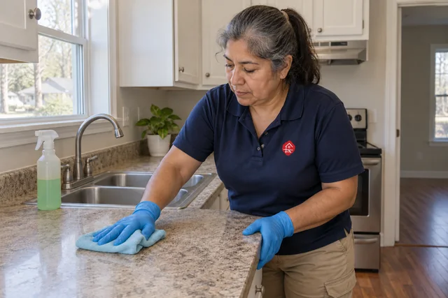 Worker wiping a kitchen countertop during rental turnover cleaning