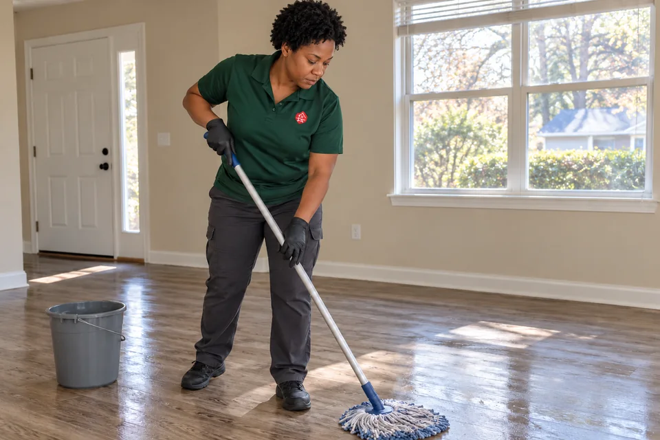 Worker mopping the floor of an empty rental living room
