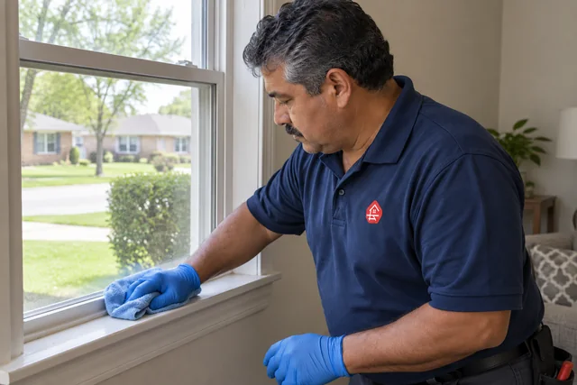 Worker cleaning the inside sill of a ground-floor window
