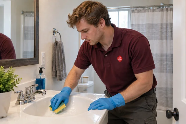 Worker scrubbing a bathroom sink during rental turnover cleaning