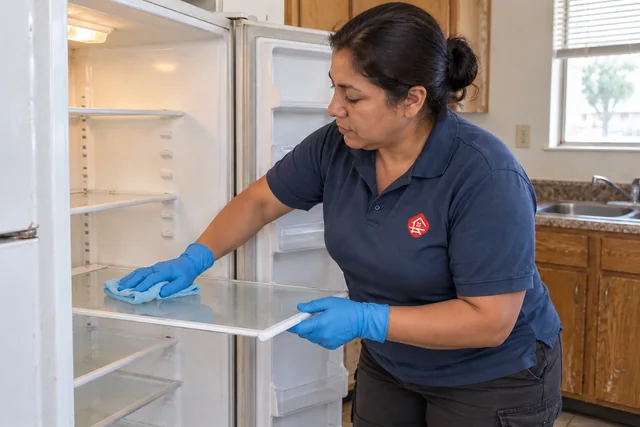 Worker wiping a refrigerator shelf in an empty rental kitchen