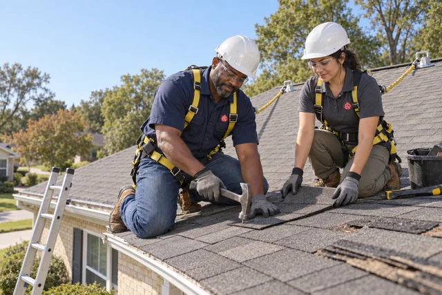 Roof repair crew working together with fall protection on a residential shingle roof
