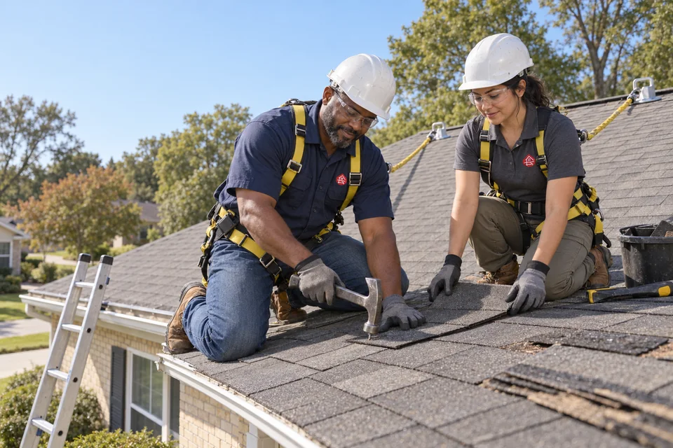 Roof repair crew working together with fall protection on a residential shingle roof