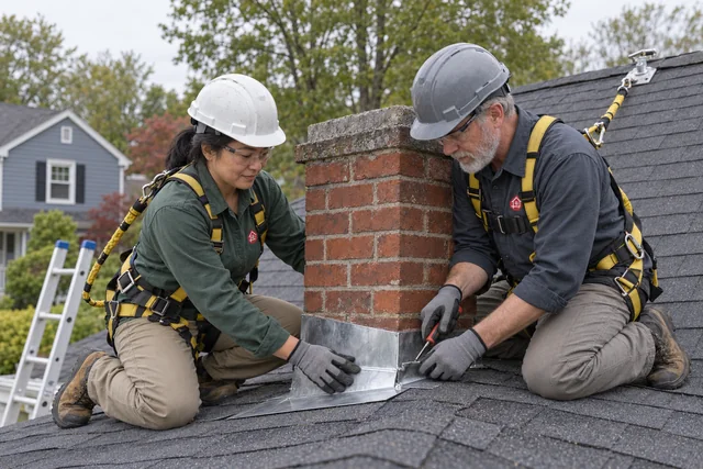 A different roofing team reviewing flashing on a house