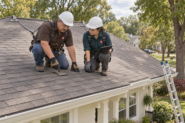 Roofing team checking residential roof condition with appropriate safety equipment