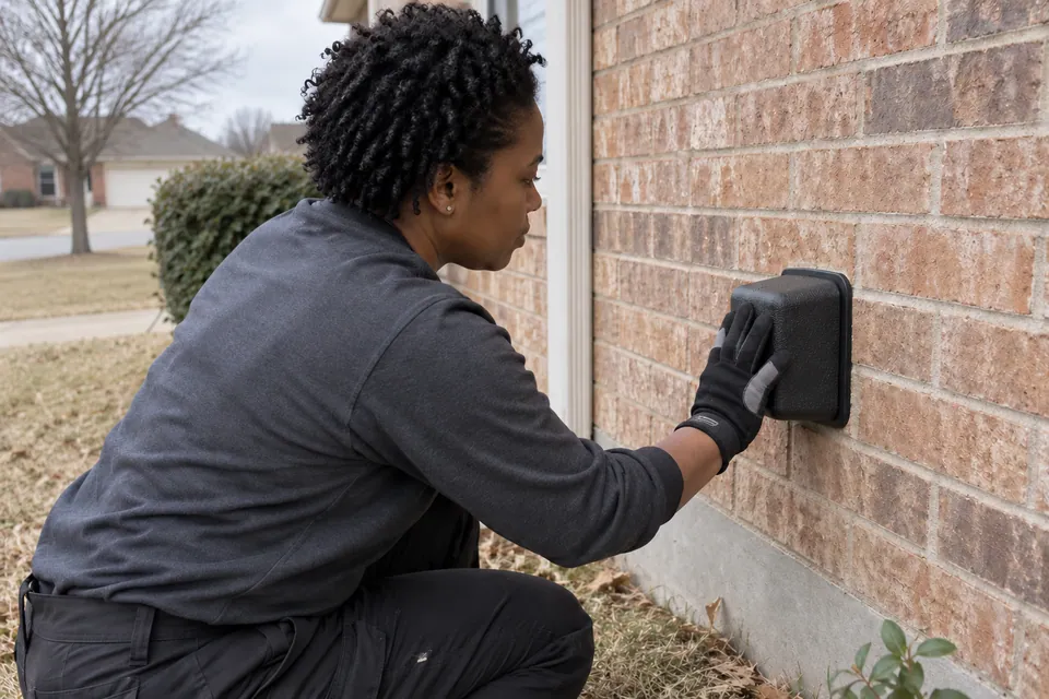 Gloved hands fitting an insulated cover over an outdoor hose faucet
