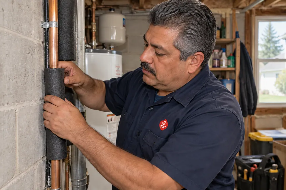 Worker fitting foam insulation around an exposed water pipe