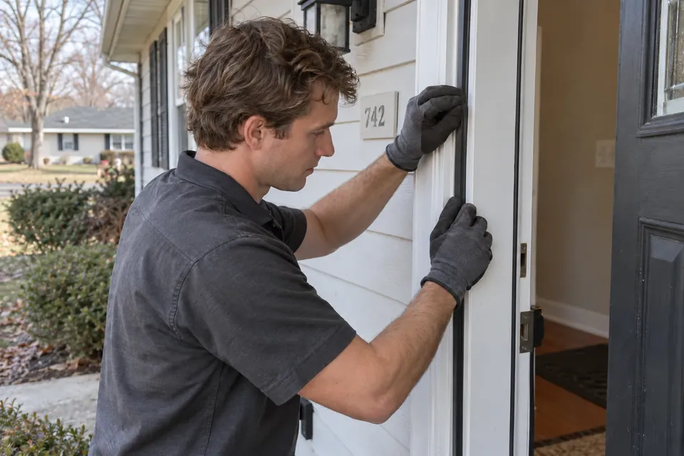 Worker checking weatherstripping along an exterior door jamb