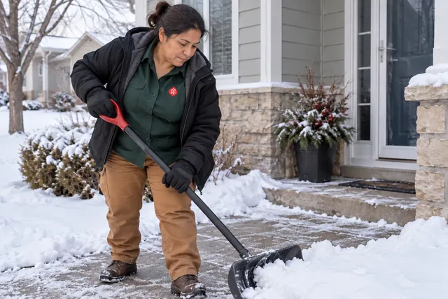 Worker clearing a light layer of snow from a residential entry walkway
