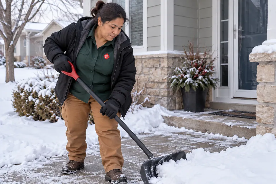 Worker clearing a light layer of snow from a residential entry walkway