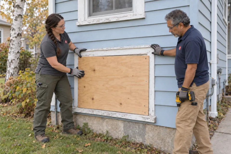 Two workers fitting protective boarding at a ground-floor residential window