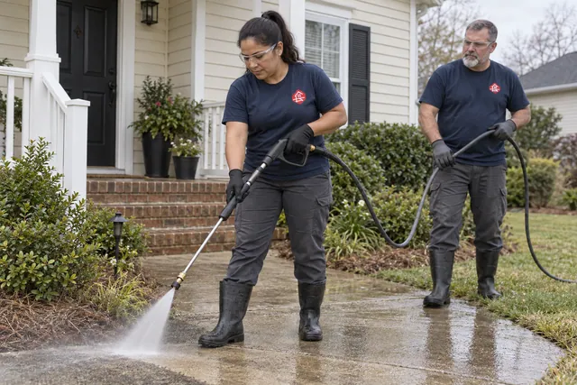 Two workers coordinating exterior cleaning at a house