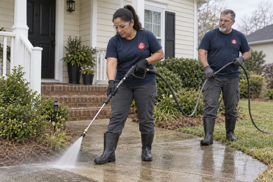 Two workers coordinating exterior cleaning at a house
