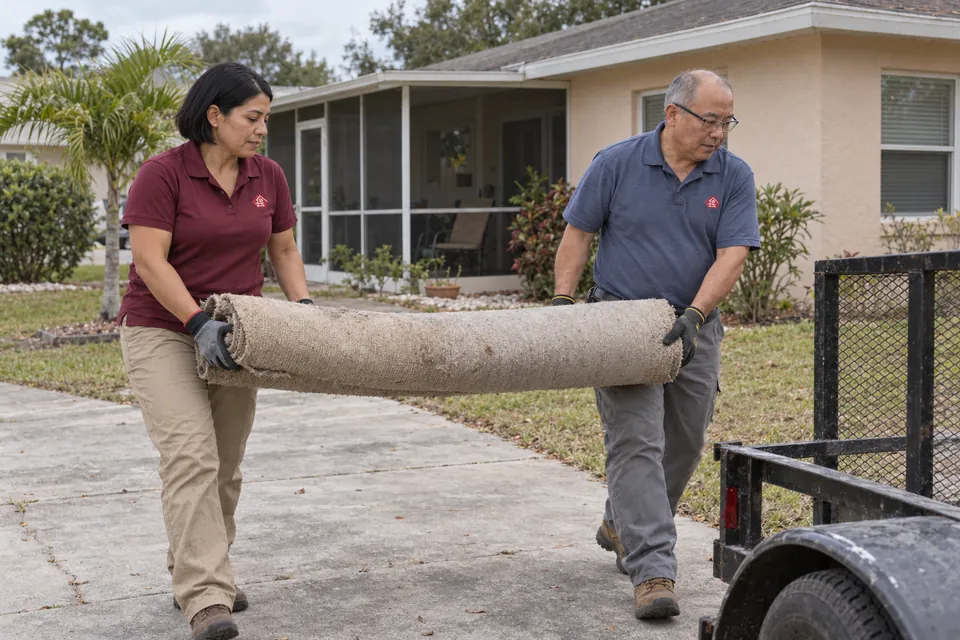 Crew clearing household debris outside a residential property