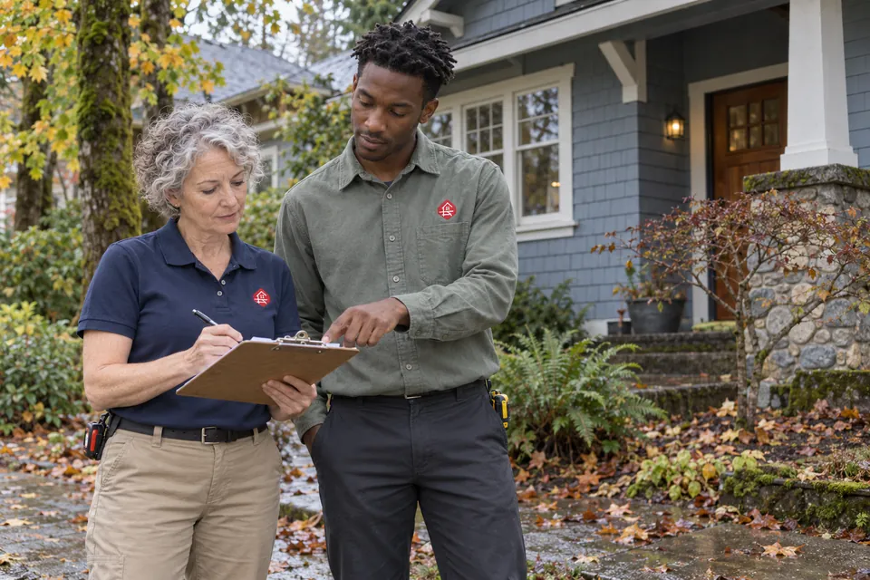 Two field workers reviewing a residential property together