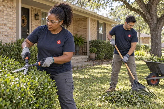 Landscaping crew tending a residential front yard