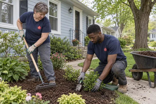A different team caring for planting beds and lawn at another home