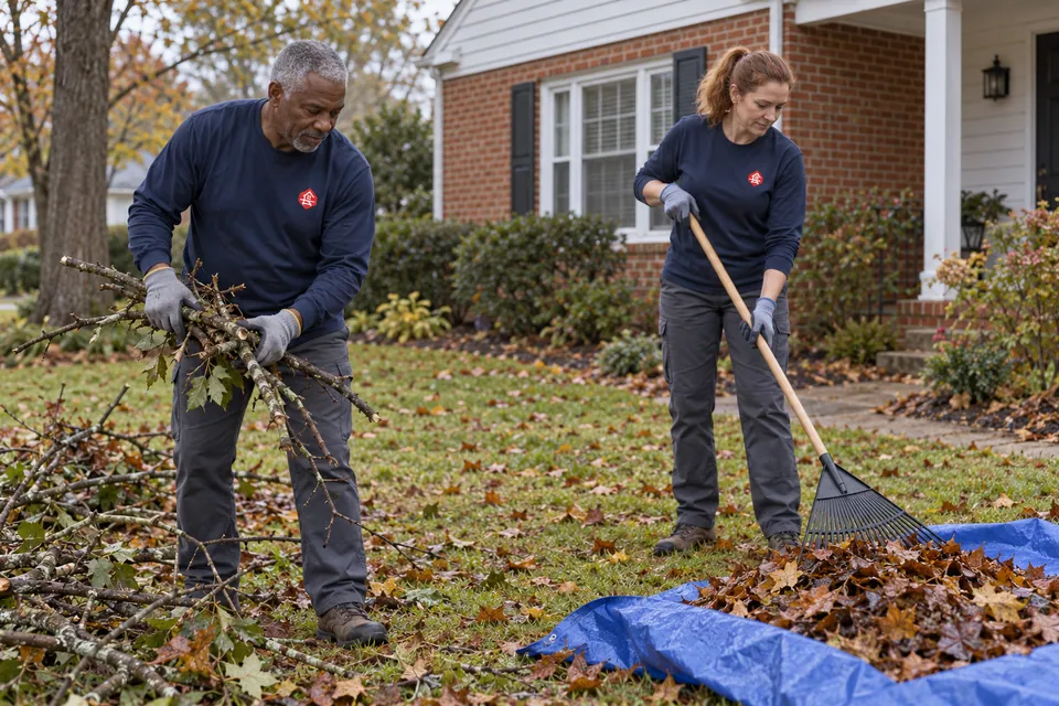 Team clearing seasonal yard debris around a home