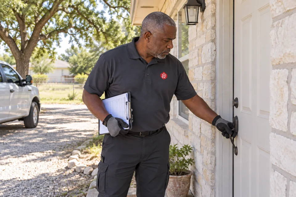 Field worker checking a closed front door during a routine property visit