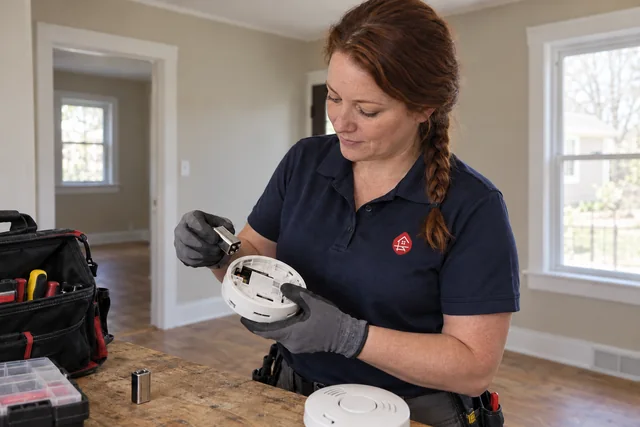 Maintenance worker checking batteries in a detached smoke detector