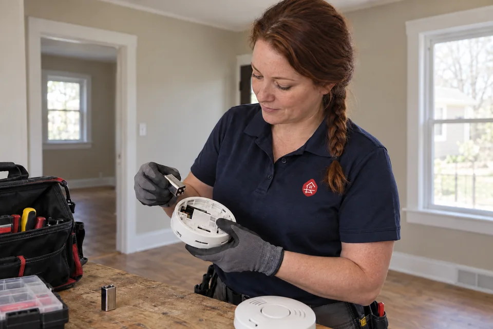 Maintenance worker checking batteries in a detached smoke detector