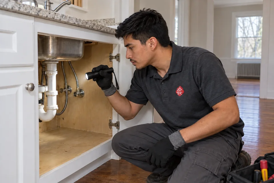 Worker visually checking the plumbing under an empty home kitchen sink