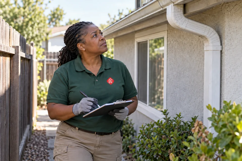 Field worker reviewing exterior conditions along a fenced property perimeter